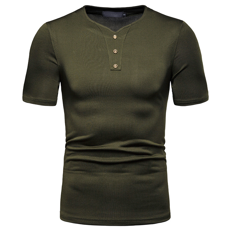 New Men T-Shir High Stretch Loose Short Sleeve Casual V-Neck solid Button tops