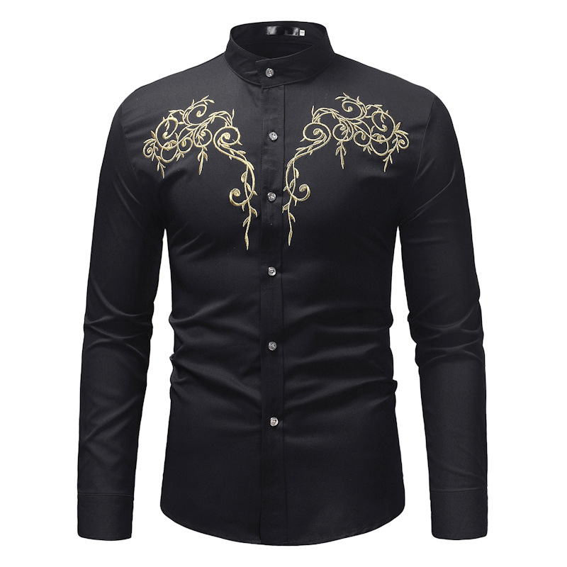 MEN Wear Large Size Long Sleeve Casual Embroidery Base Stand Collar Shirt