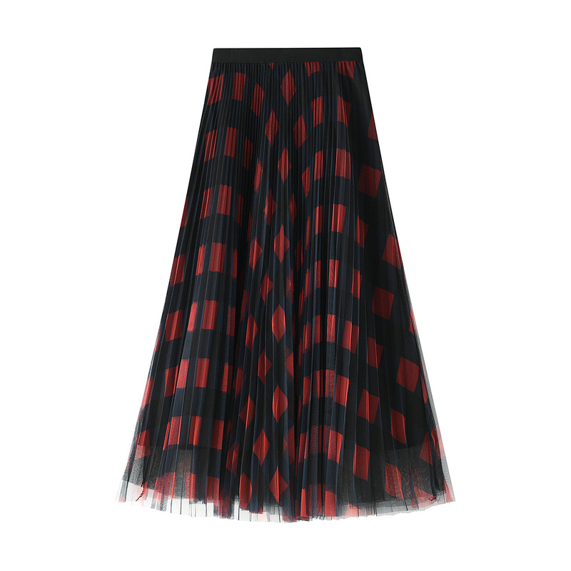  women Pleated skirt Color plaid mesh pleated mid length female skirt