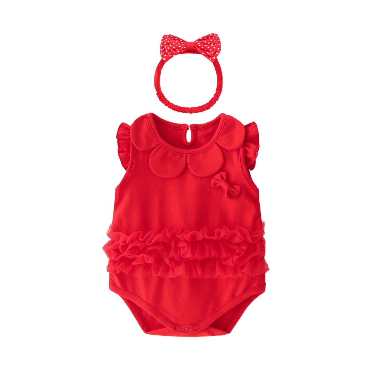 Summer female baby festive red full moon suit romper flying sleeves cotton jumpsuit robe hair band baby clothing