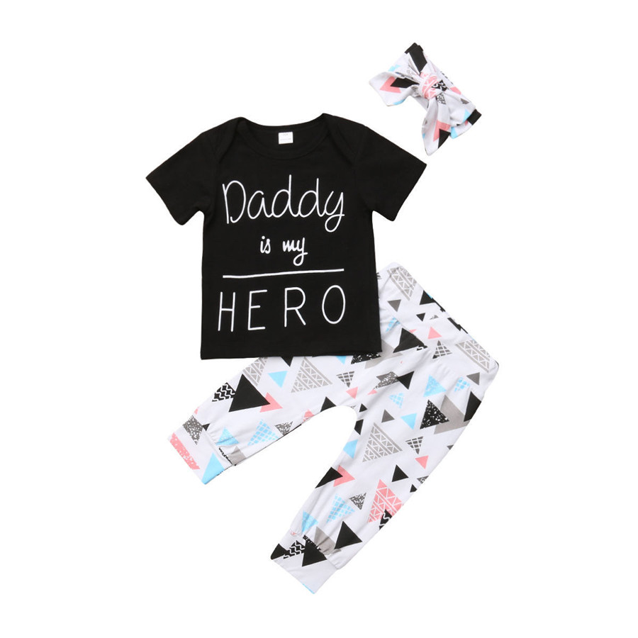  Summer Newborn Infant Baby Boy Girl Clothes Daddy is my Hero Short Sleeve T-shirt Tops+Pants+Headband Toddler Outfits Set
