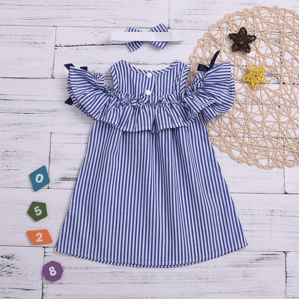 Hot New Summer Dress Toddler Kids Baby Girls Lovely Birthday Clothes Blue Striped Off-shoulder Ruffles Party Gown Dresses