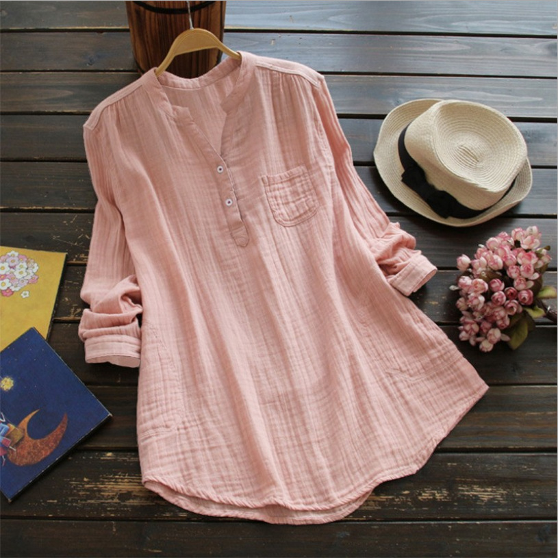 Women Blouse Solid Stand Collar Long Sleeve Casual Loose pocket Buttons Tunic Shirt Womens Tops 