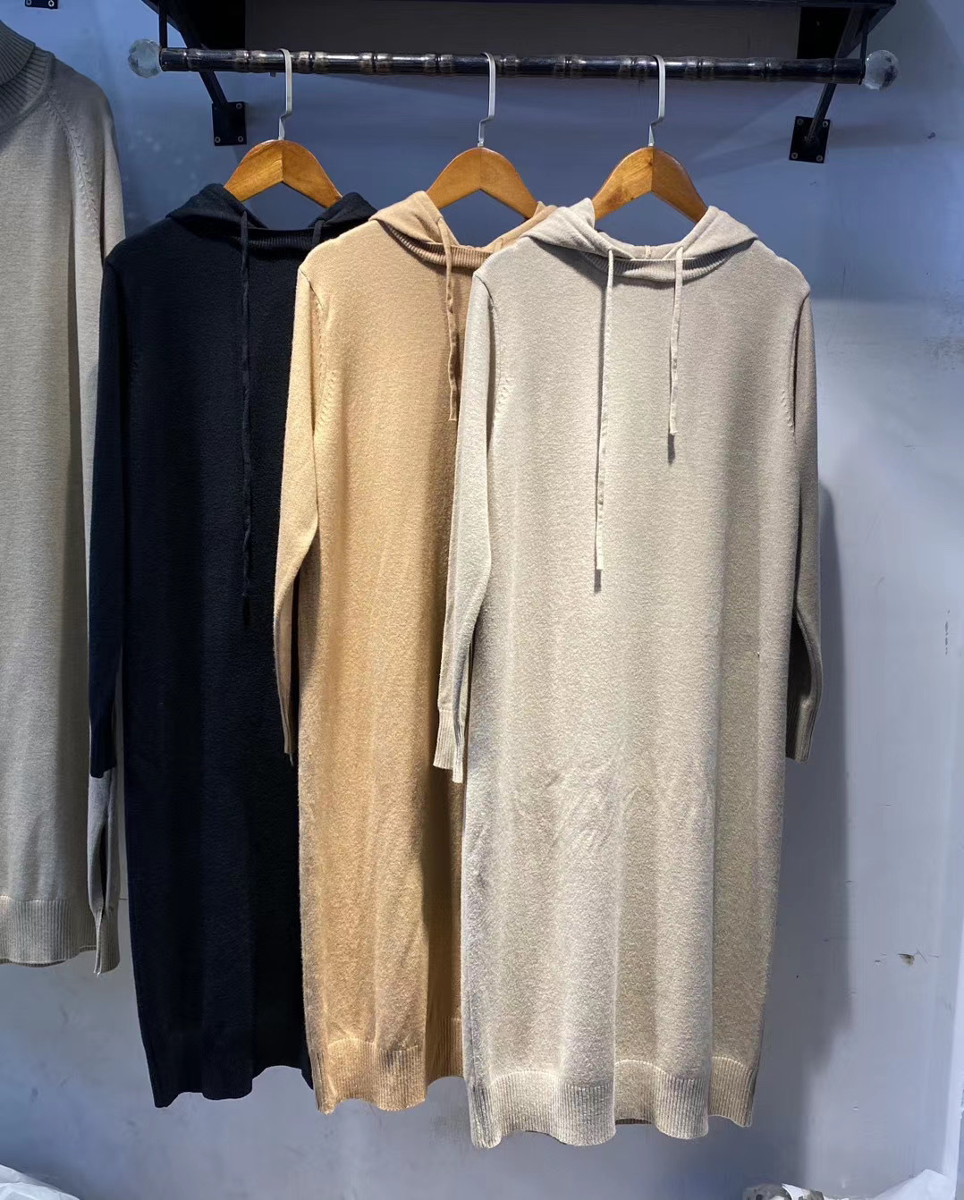 women autumn casual Simple loose thin knit dress mid-length, small over-the-knee hooded sweater dress