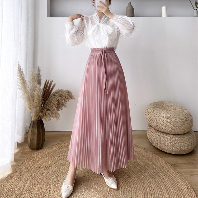 2021 Spring And Summer Skirt Women Lace-up Bow Drape High-waist Pleated Skirt