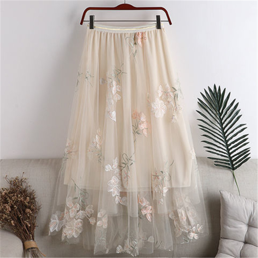  Four-leaf clover skirt female spring summer 2021 new mesh high waist slim pleated mid-length a-line skirt