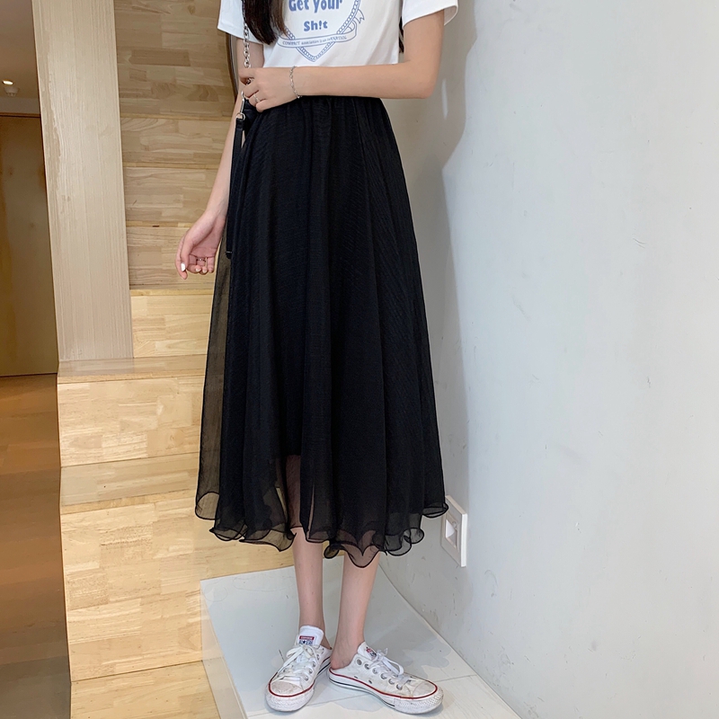 2021 Spring Summer Skirts Womens Mesh Tulle Korean Elastic High Waist Midi Long Pleated Skirt