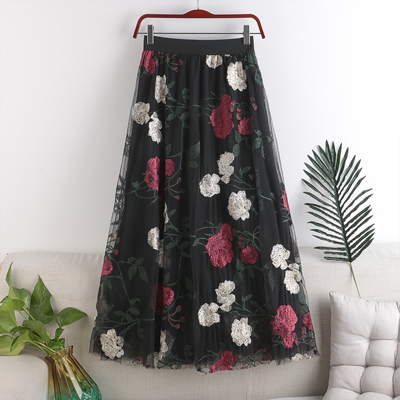 Spring 2021 High Waist Embroidery Women Skirt Big Flowers Fashion Sweet Mesh Mid-length Fairy Skirt