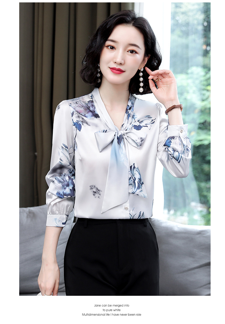  2021 Fashion Silk Women Blouses Bow Office Lady Satin Flower Plus Size shirt Tops 