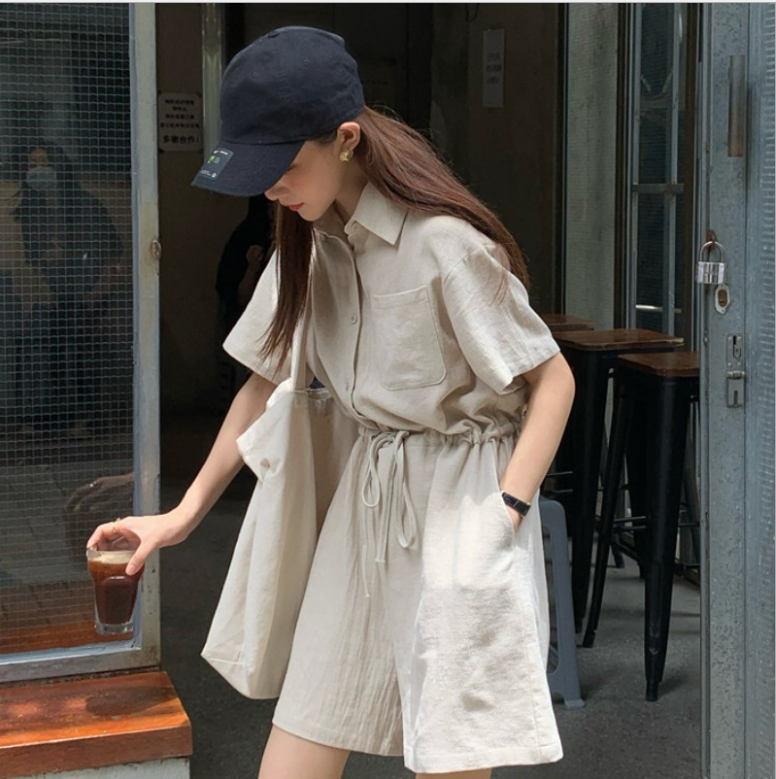 Women Cotton linen tooling jumpsuit female summer students all-match fashion foreign style wide-leg loose shorts