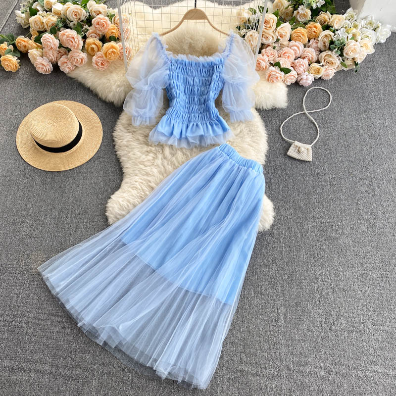  women Suit 2021 new short top sweet mesh skirt two-piece suit