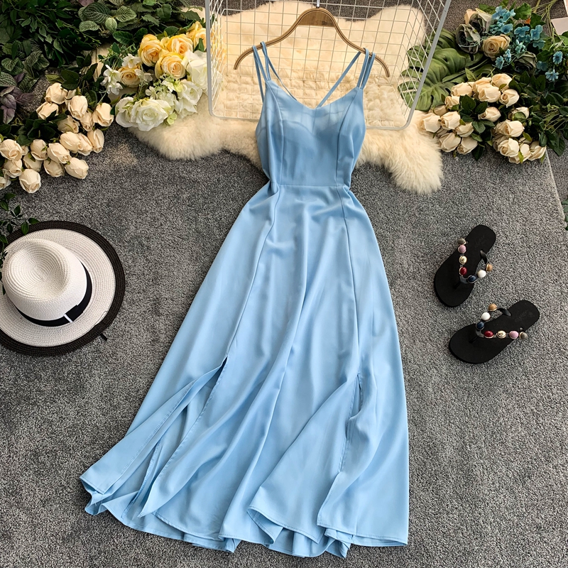 New Ladies Sexy V Neck Backless was thin Dresses Summer Backless Split Slim Long Dress Women Casual Beach Holiday