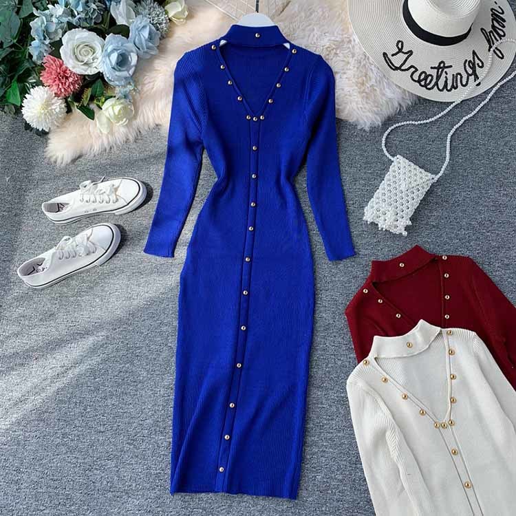 Knitted Sweater Midi Long Dress Party Women Elegant 2021 Vintage Slim Knit Halter Neck Hollow Out Autumn Winter Bodycon dress