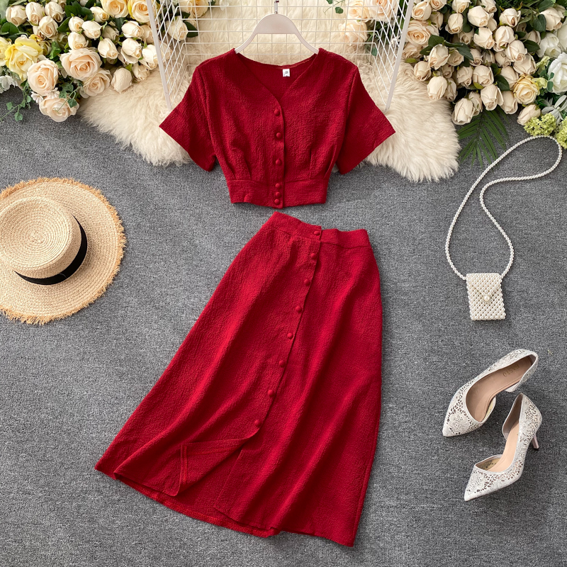 Women two-piece suit, short new skirt, waist buttoned blouse + skirt