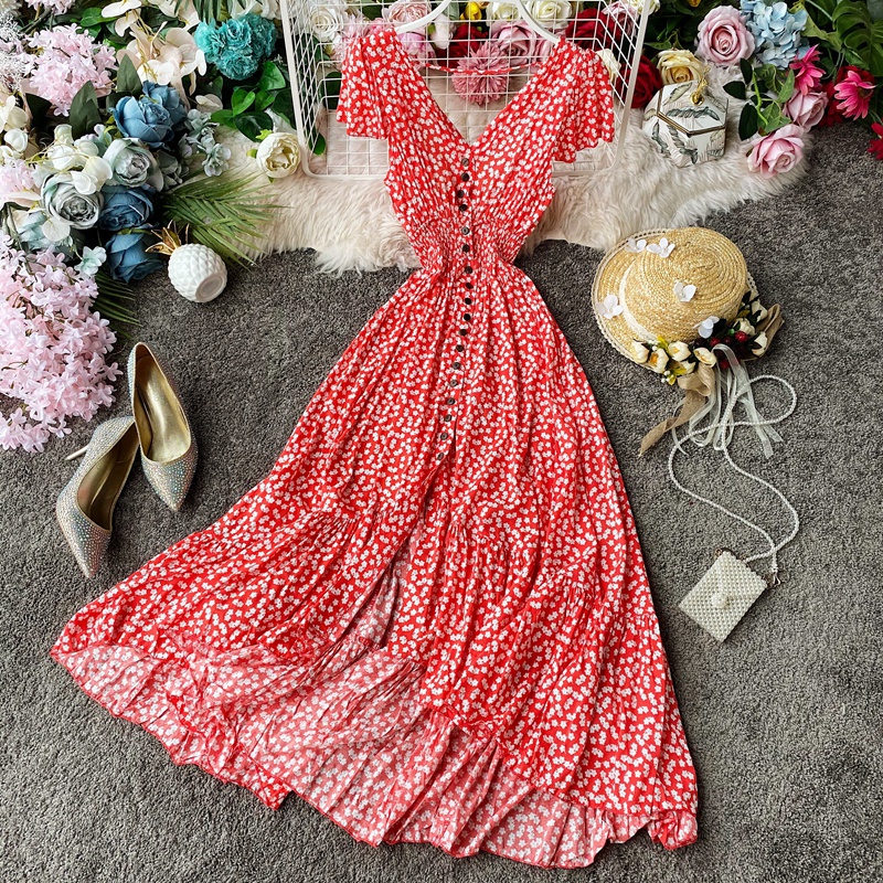 Women Summer Floral Maxi Dress Bohemian Irregular Ruched Backless Ruffle Vintage Long Cotton Print Beach Sundress