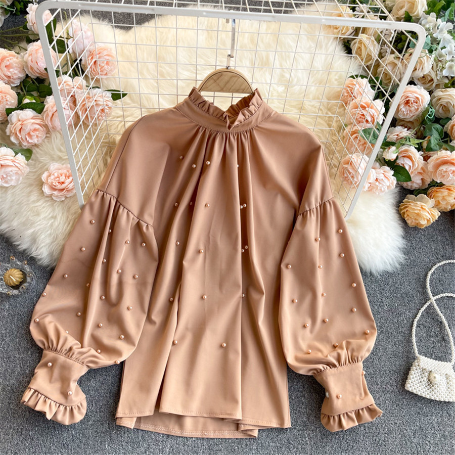  Beaded Ruffled Collar Shirt Women Cloth Lantern Sleeve Loose Tops Female All-Match Solid Color Blouse