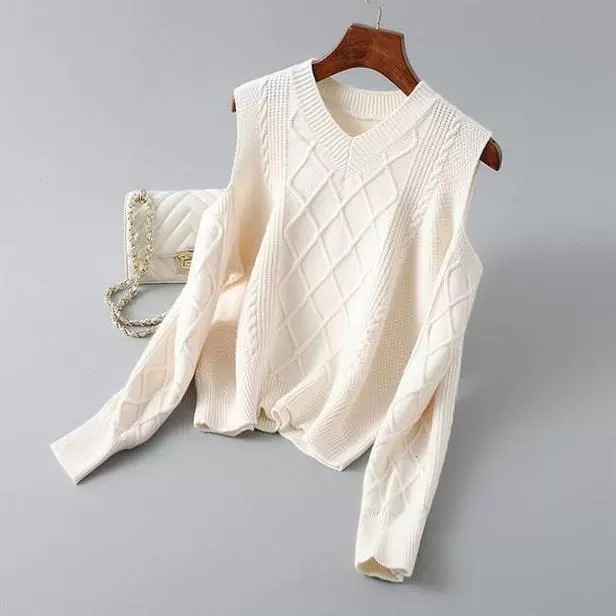 V-neck Off-the-shoulder Women Sweater Spring Autumn Fall-shoulder Knit Thin Bottoming Slim Long Sleeves Top