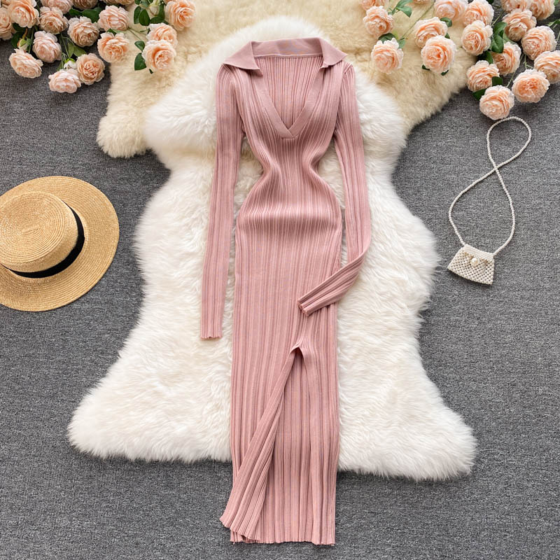  Women Korean Knitted Dress Long Sleeve V Neck Elastic Slim Pencil Dresses 2021 Autumn Sexy Bodycon Split Sweater Dress