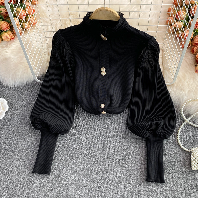 Women Top short new autumn knitted stitching turtleneck half sweater Western style bottoming shirt