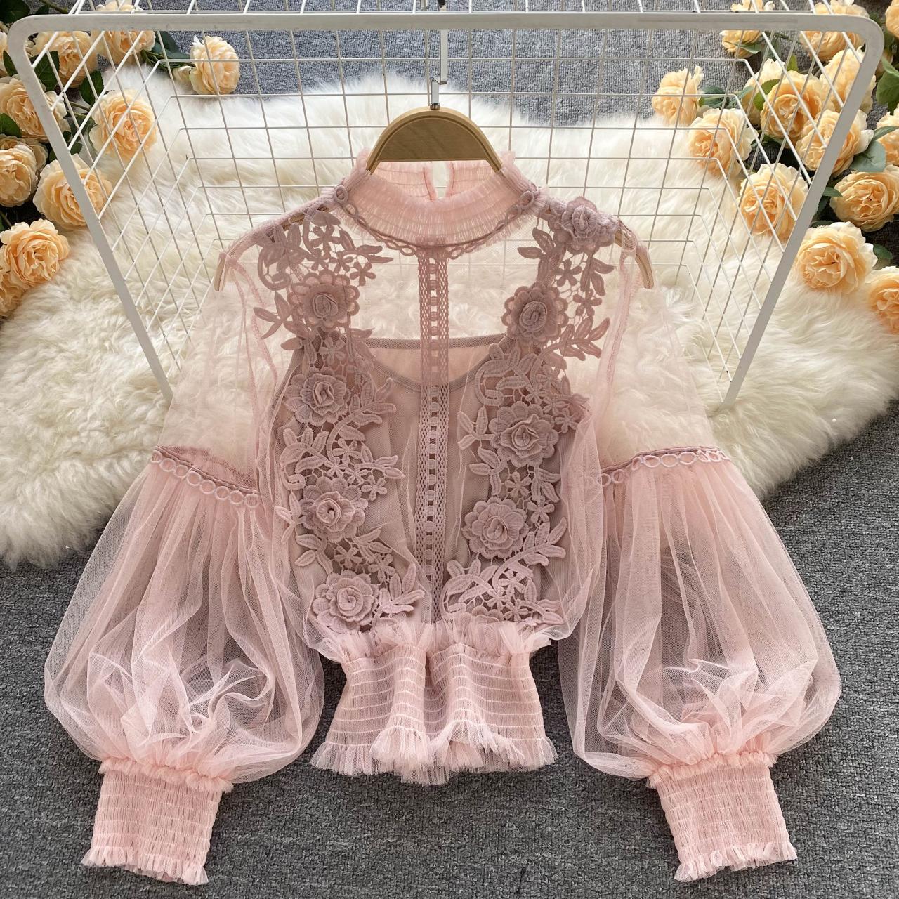 Women Mesh Suit Half High Neck Three-dimensional Flowers Western Style Lantern Sleeves Base Sling Two-piece Lace Shirt Top