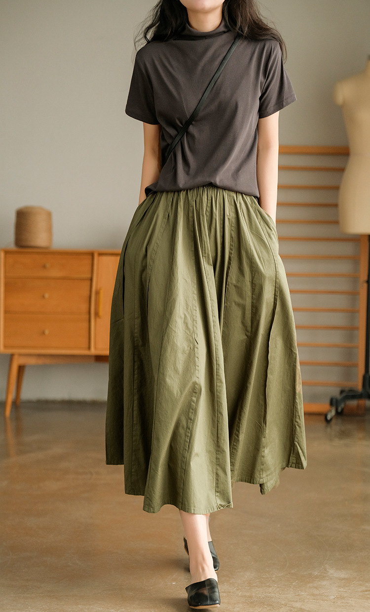 Women Cotton Solid Pleated Skirts Casual Elastic Waist Loose All-match Vintage Elegant A-line Skirts