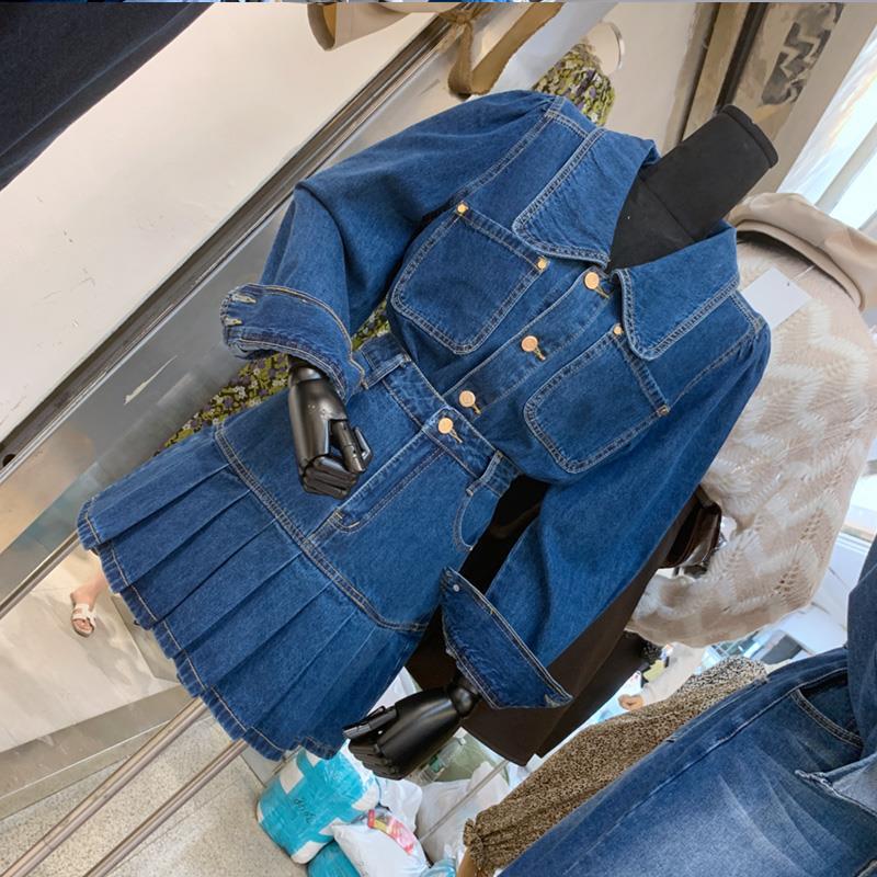 Women Two Pieces Demin Sets Spring New Turn-down Collar Long Sleeve Blouse Tops + High Waist Mini Pleated Skirt