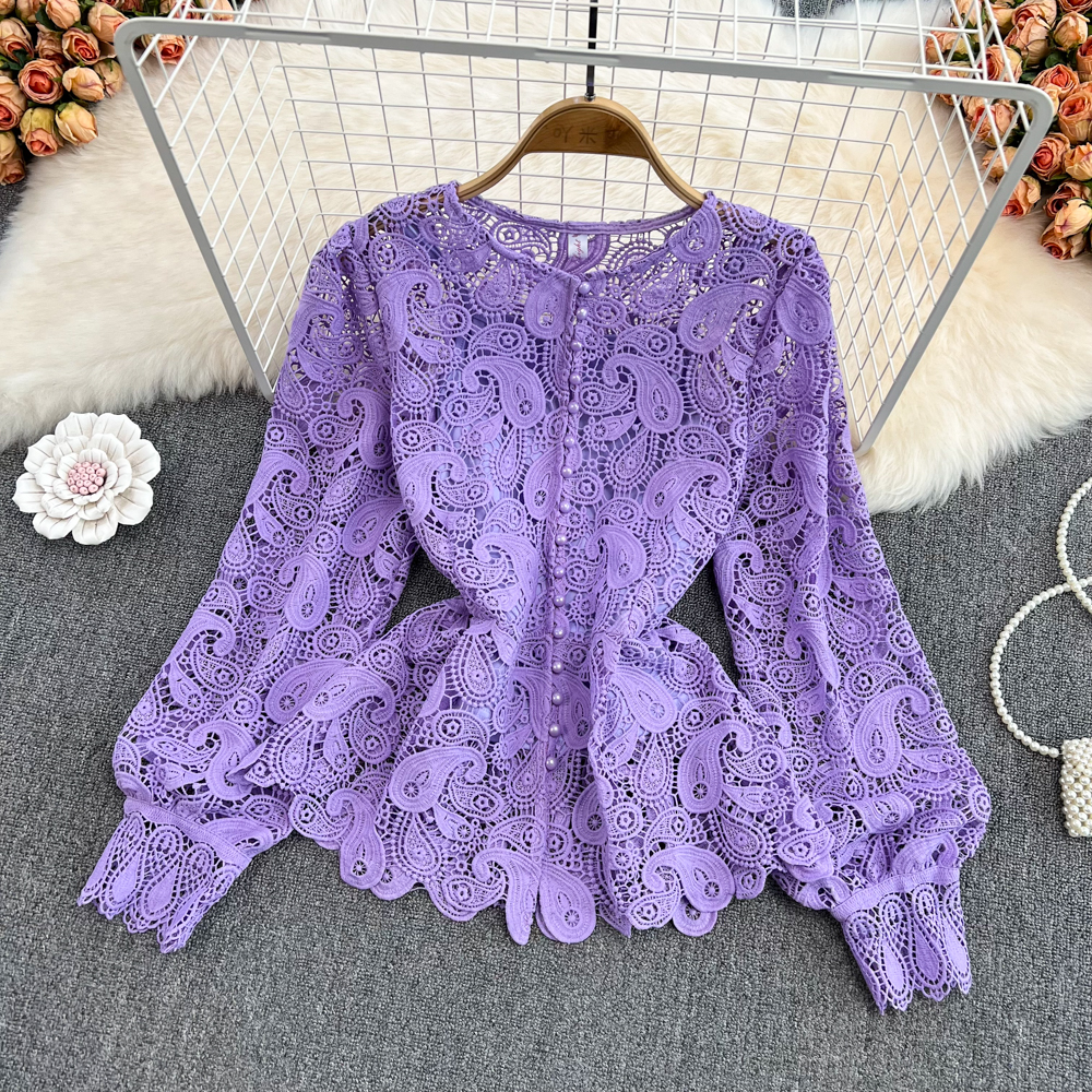 Women Spring Retro Style Round Neck Single-breasted Hollow Hook Flower Lotus Leaf Swing Lace Shirt Chic Top