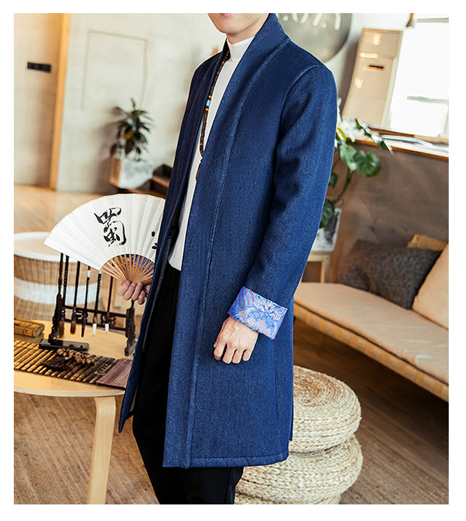 Chinese style men trench coat winter new fashionable velvet mid-length denim jacket loose robe coat