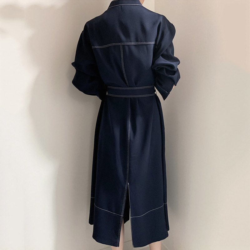 chic minimalist elegant women coat stand-up collar single-breasted loose-tie trench coat dress