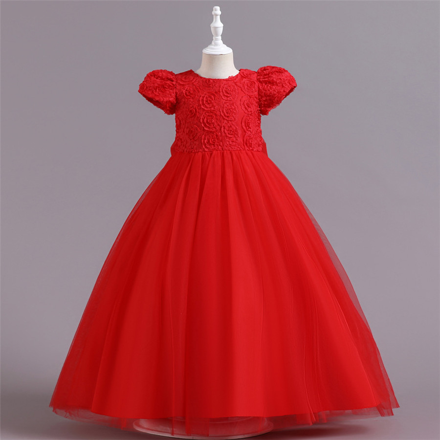 Children Princess Dress Girl's Rose Blossom Bowknot Pomfret Long Dress