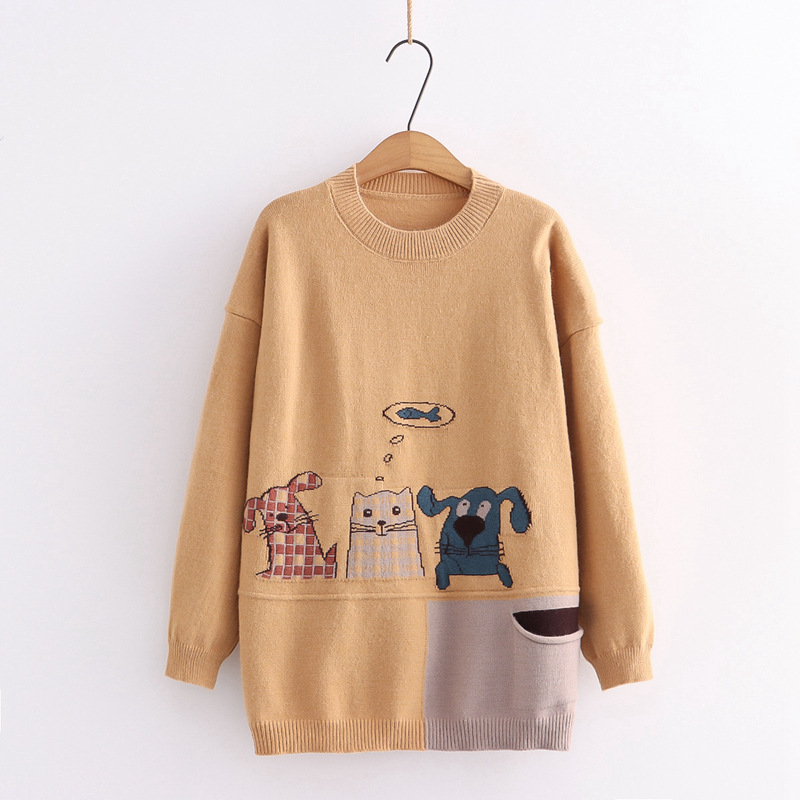 College style fun cartoon cat dog pullover sweater loose student sweater autumn top