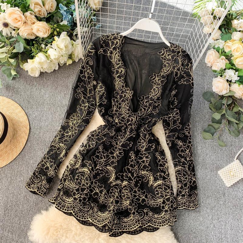 Spring Autumn V-Neck Hollow OUt Lace Playsuits Women Bodycon Hook Flower Jumpsuits Female Long Sleeve Mesh Rompers Bodysuit 