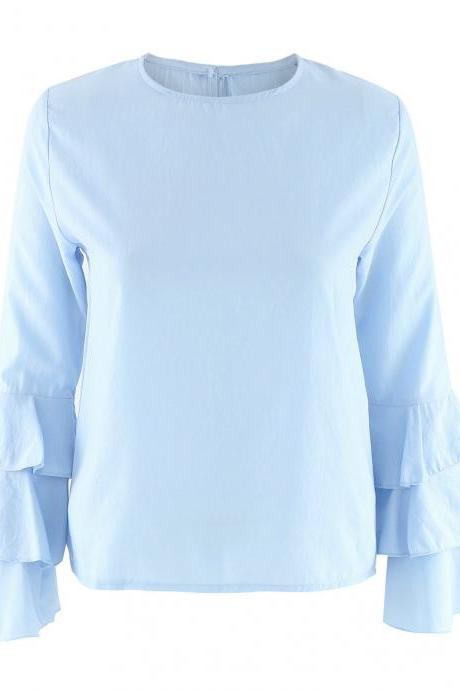 Casual Tops and Blouses For Women Spring Autumn Lady Round Neck Layered Long Flare Sleeve Elegant Blouselight blueColor