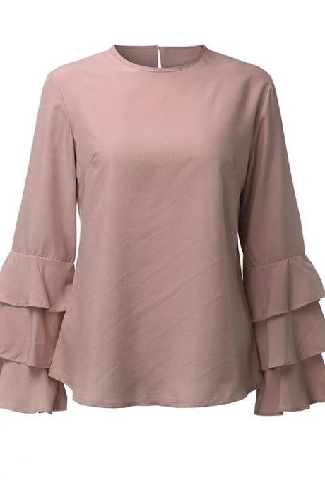 Casual Tops And Blouses For Women Spring Autumn Lady Round Neck Layered Long Flare Sleeve Elegant Blouse Colorlight Coffee Color