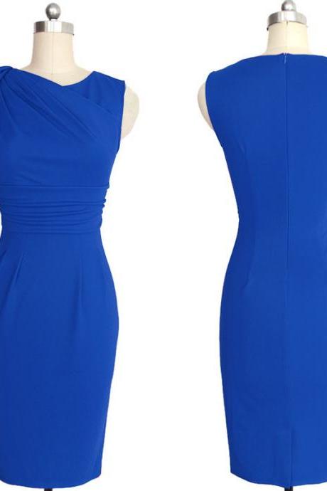 Elegant Ruffle Sleeve Knee length Work Office Casual Slim Wiggle Pencil Sheath Bodycon Women Dress blue Color