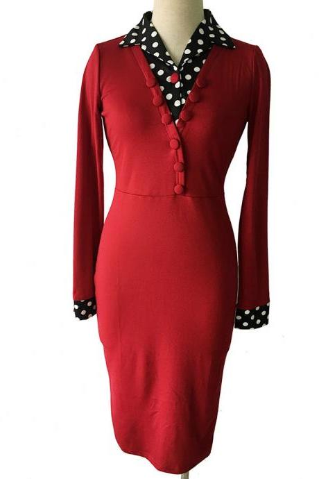 Women Spring V Neck Short Sleeve Hepburn Retro High Waist A Line Casual Swing Dresses dark red Color