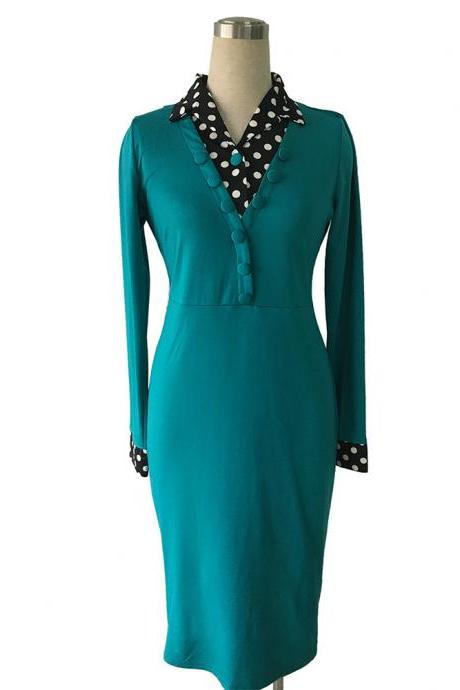  Women Spring V Neck Short Sleeve Hepburn Retro High Waist A Line Casual Swing Dresses green Color