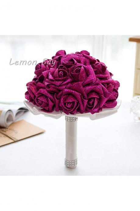 Artificial Handmade Rose Flower Bridal Bridesmaid Party Wedding Bouquet Fuchsia Color
