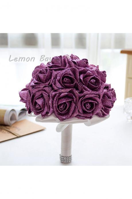 Artificial Handmade Rose Flower Bridal Bridesmaid Party Wedding Bouquet Purple Color