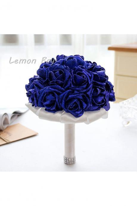 Artificial Handmade Rose Flower Bridal Bridesmaid Party Wedding Bouquet royal blue Color