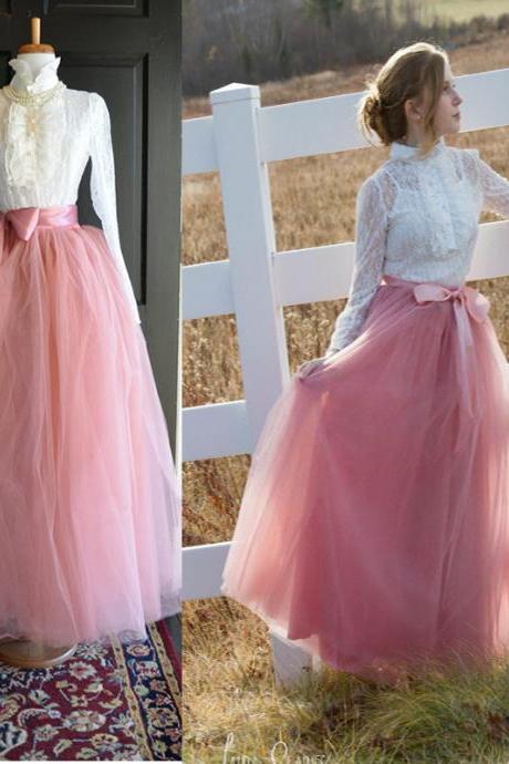 6 Layers Tulle Skirt Summer Maxi Long Muslim Skirt Womens Elastic Waist Lolita Tutu Skirts Blush