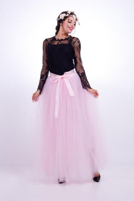 6 Layers Tulle Skirt Summer Maxi Long Muslim Skirt Womens Elastic Waist Lolita Tutu Skirts Pink