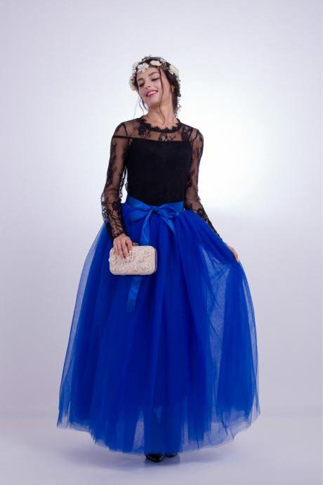 6 Layers Tulle Skirt Summer Maxi Long Muslim Skirt Womens Elastic Waist Lolita Tutu Skirts Royal Blue