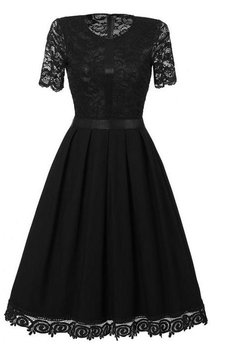 Vintage Lace Patchwork Dress Elegant Rockabilly Cocktail Party Short Sleeve A Line Swing Dress black 