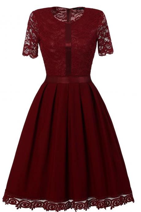 Vintage Lace Patchwork Dress Elegant Rockabilly Cocktail Party Short Sleeve A Line Swing Dress burgundy