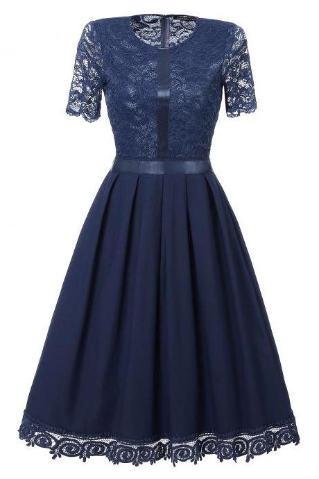 Vintage Lace Patchwork Dress Elegant Rockabilly Cocktail Party Short Sleeve A Line Swing Dress navy blue