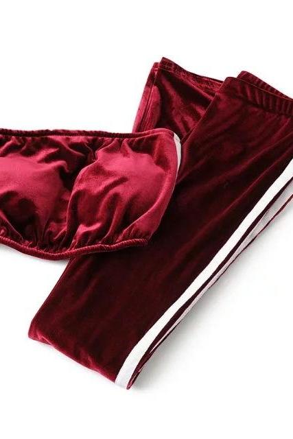 Women Velvet Strapless+Long Flare Pants Suit Striped Trousers Two Pieces Tracksuit burgundy