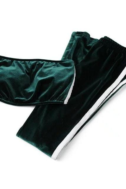 Women Velvet Strapless+Long Flare Pants Suit Striped Trousers Two Pieces Tracksuit hunter green