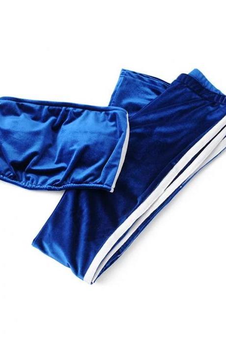 Women Velvet Strapless+Long Flare Pants Suit Striped Trousers Two Pieces Tracksuit royal blue