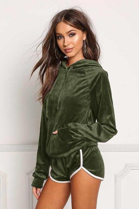 Spring Autumn Women Tracksuits Casual Long Sleeve Hooded Sweatshirt+Shorts Two Piece Sets Sportswears army green